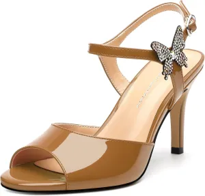 Women's Sexy Stiletto High Kitten Patent Heels Ankle Strap Buckle Round Peep Open Toe Sandals Elegant Dress Office Party Wedding Shoes For Women 3.3 Inch