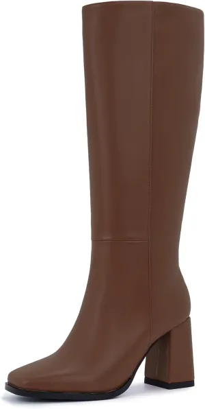 Women's Slim Calf Knee High Boots – Square Toe Block Heel Dress Boots, Side Zip Faux Leather Tall Boots for Narrow Calves, Fall & Winter Fashion