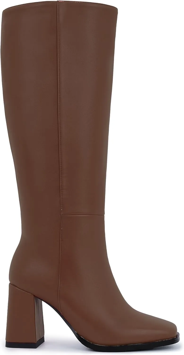 Women's Slim Calf Knee High Boots – Square Toe Block Heel Dress Boots, Side Zip Faux Leather Tall Boots for Narrow Calves, Fall & Winter Fashion