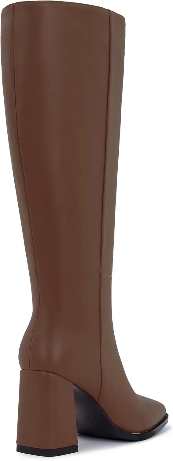 Women's Slim Calf Knee High Boots – Square Toe Block Heel Dress Boots, Side Zip Faux Leather Tall Boots for Narrow Calves, Fall & Winter Fashion