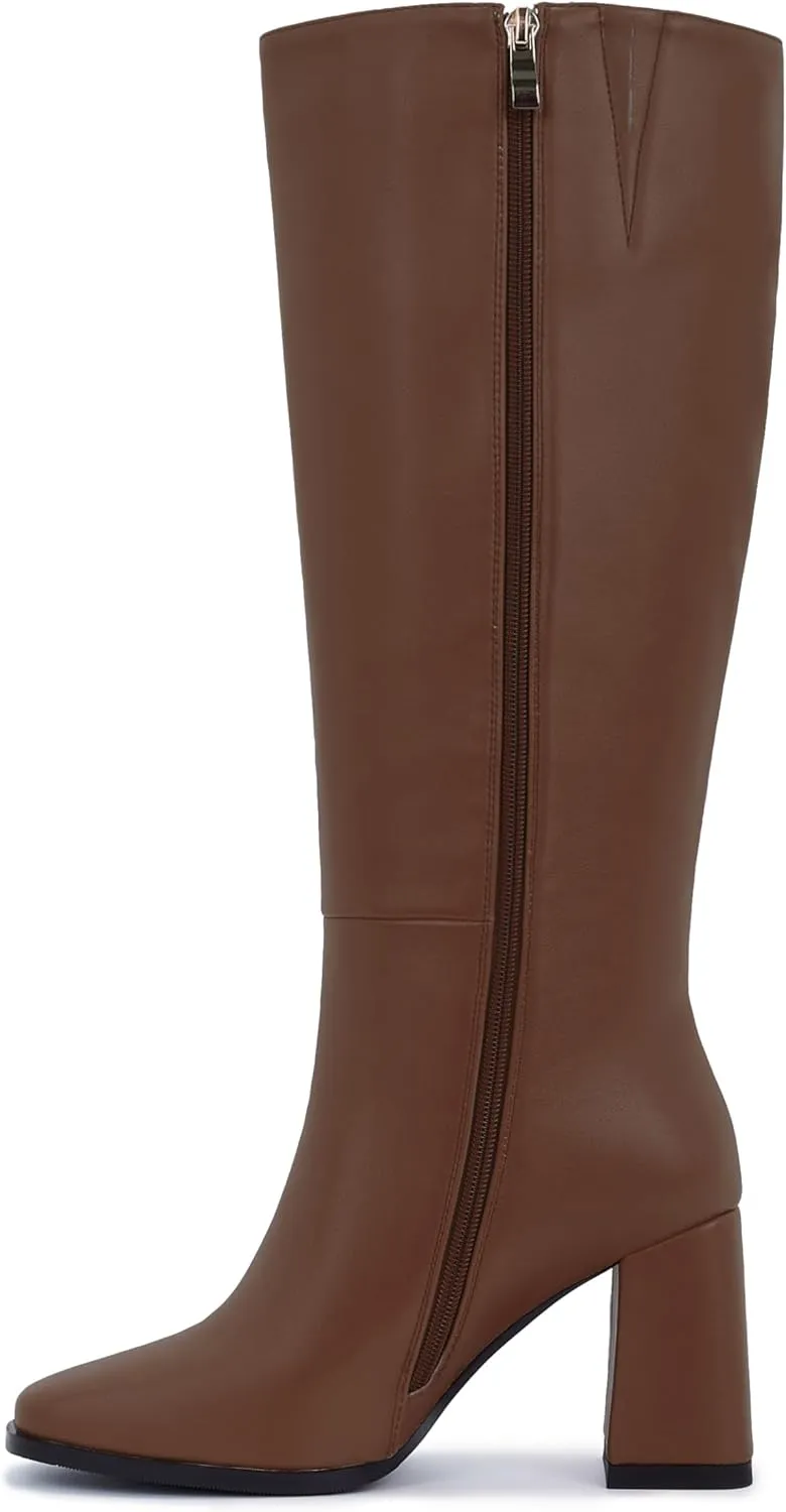 Women's Slim Calf Knee High Boots – Square Toe Block Heel Dress Boots, Side Zip Faux Leather Tall Boots for Narrow Calves, Fall & Winter Fashion