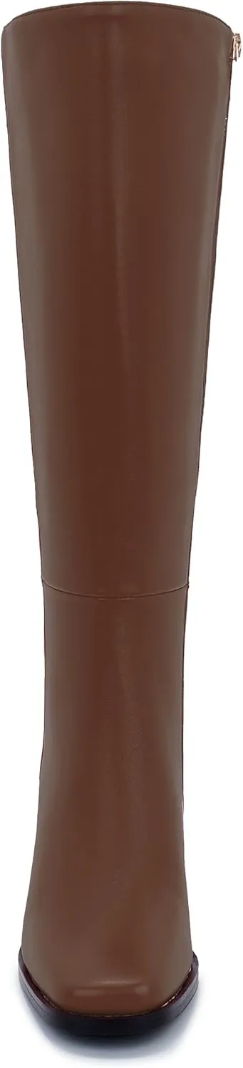 Women's Slim Calf Knee High Boots – Square Toe Block Heel Dress Boots, Side Zip Faux Leather Tall Boots for Narrow Calves, Fall & Winter Fashion