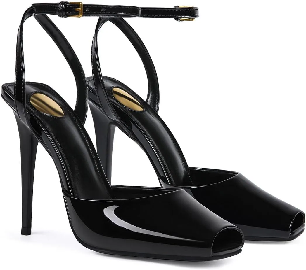 Womens Square Peep Toe Stiletto High Heels Ankle Strap Kitten Heels Sandals Backless Buckle Dress Party Fashion Shoes