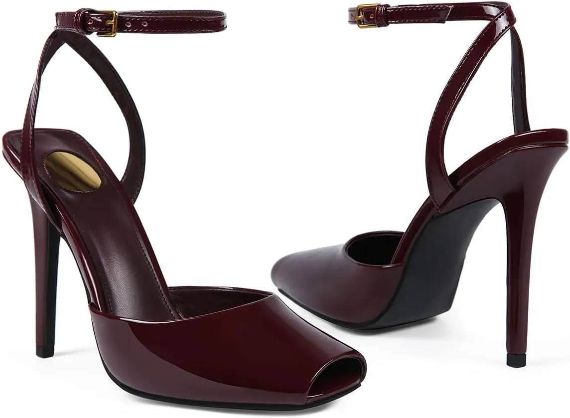 Womens Square Peep Toe Stiletto High Heels Ankle Strap Kitten Heels Sandals Backless Buckle Dress Party Fashion Shoes