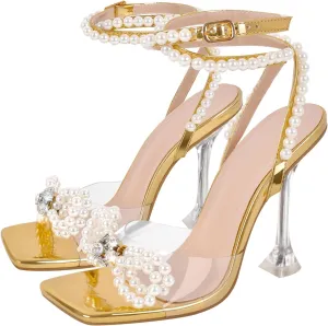 Women's Square Toe Clear Heels Sexy Rhinestone Bow Heels Open Toe Ankle Strap Stiletto High Heel Sandals