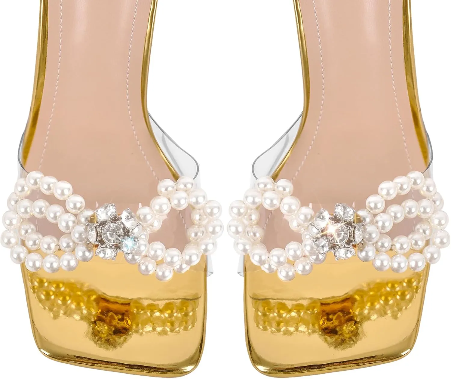 Women's Square Toe Clear Heels Sexy Rhinestone Bow Heels Open Toe Ankle Strap Stiletto High Heel Sandals