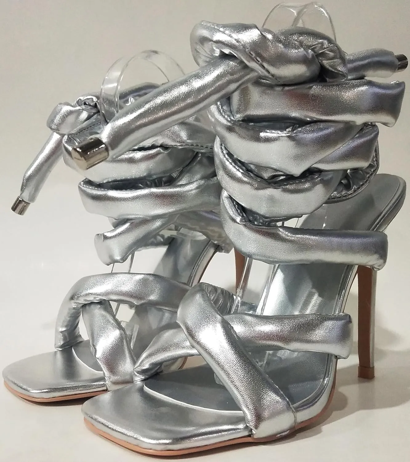 Women's Square Toe Stiletto Sandals with Cross Strap Wraparound Ankle Design High Heel Fashion Shoes 4.3-inch