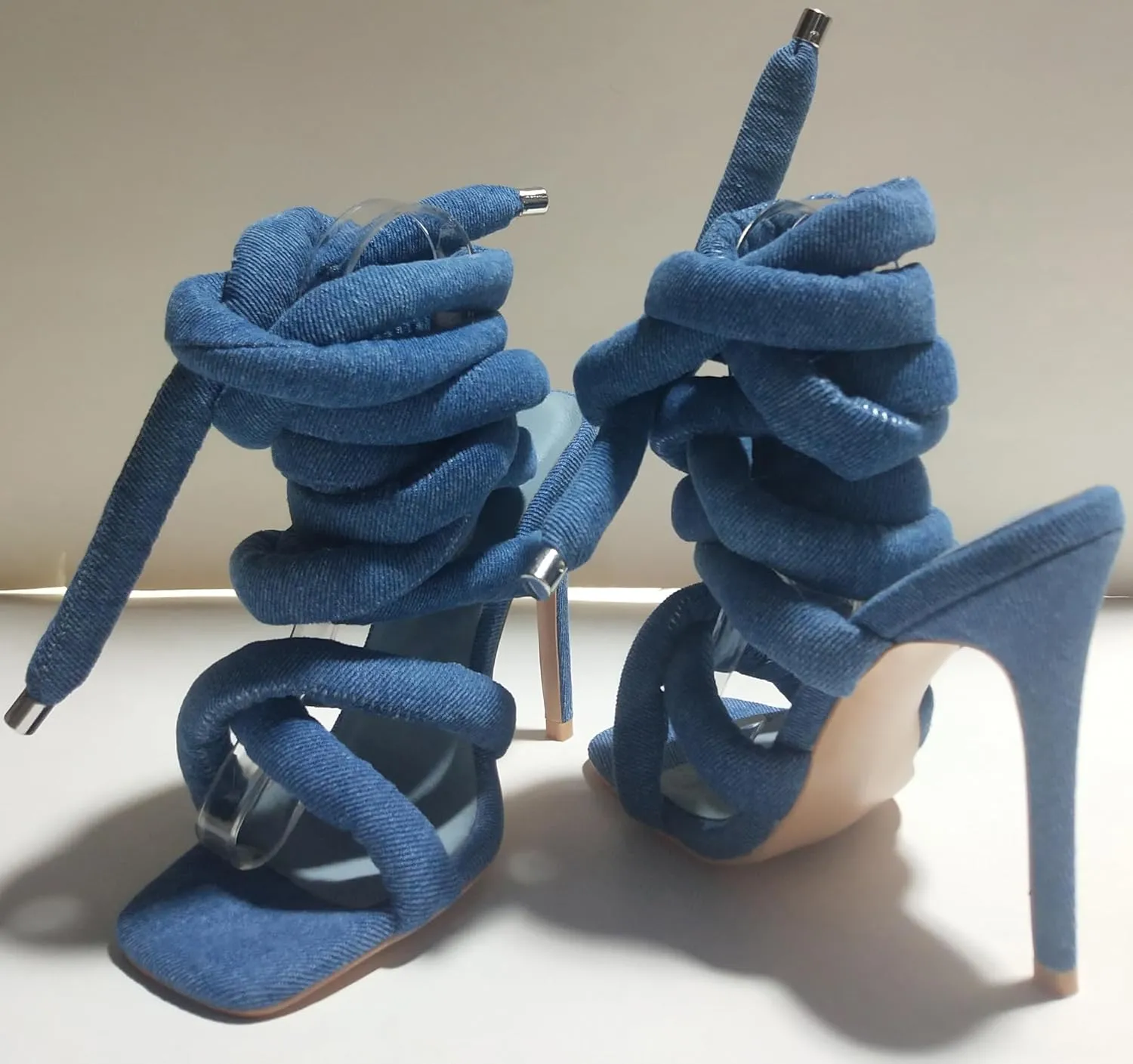 Women's Square Toe Stiletto Sandals with Cross Strap Wraparound Ankle Design High Heel Fashion Shoes 4.3-inch