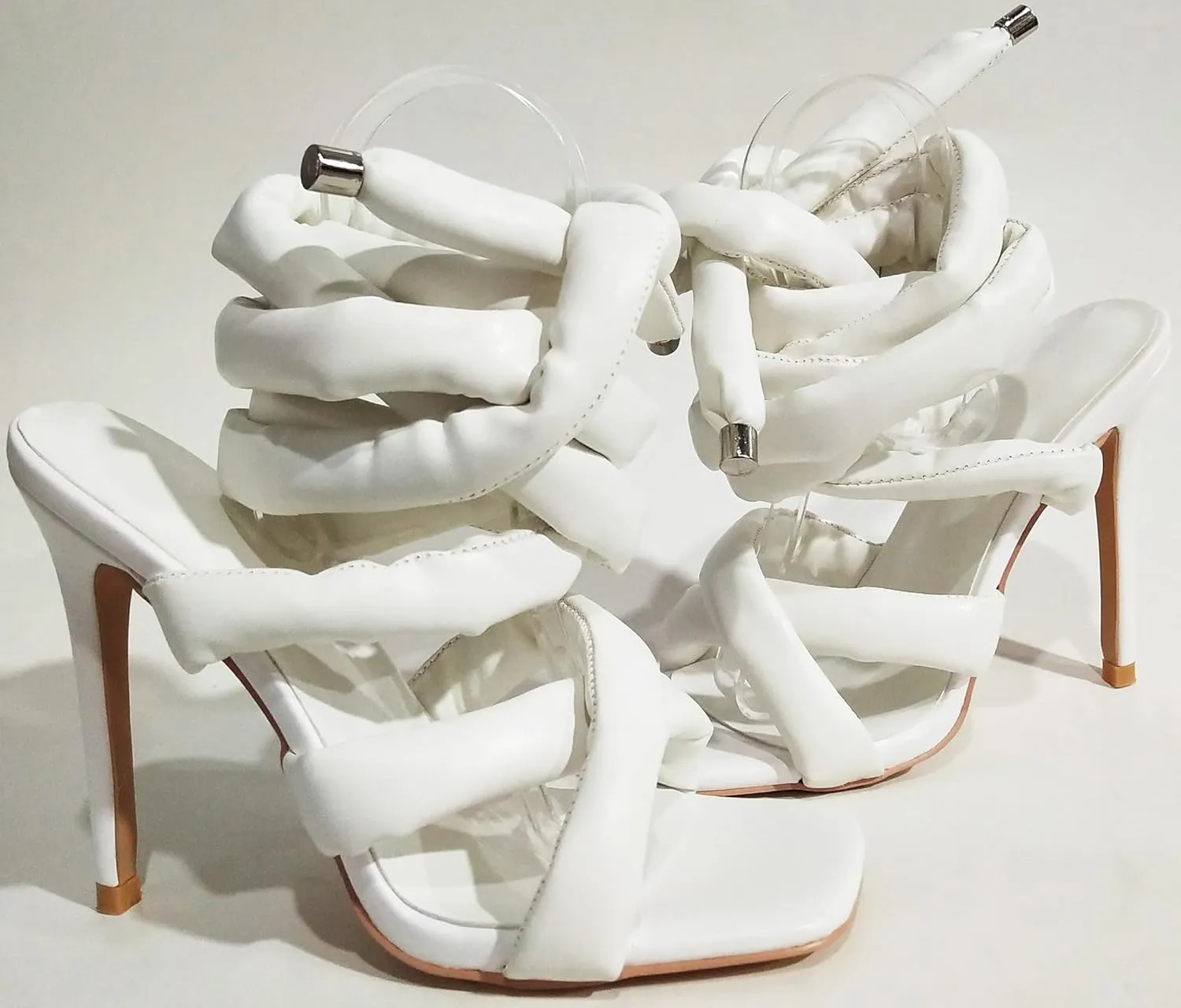 Women's Square Toe Stiletto Sandals with Cross Strap Wraparound Ankle Design High Heel Fashion Shoes 4.3-inch