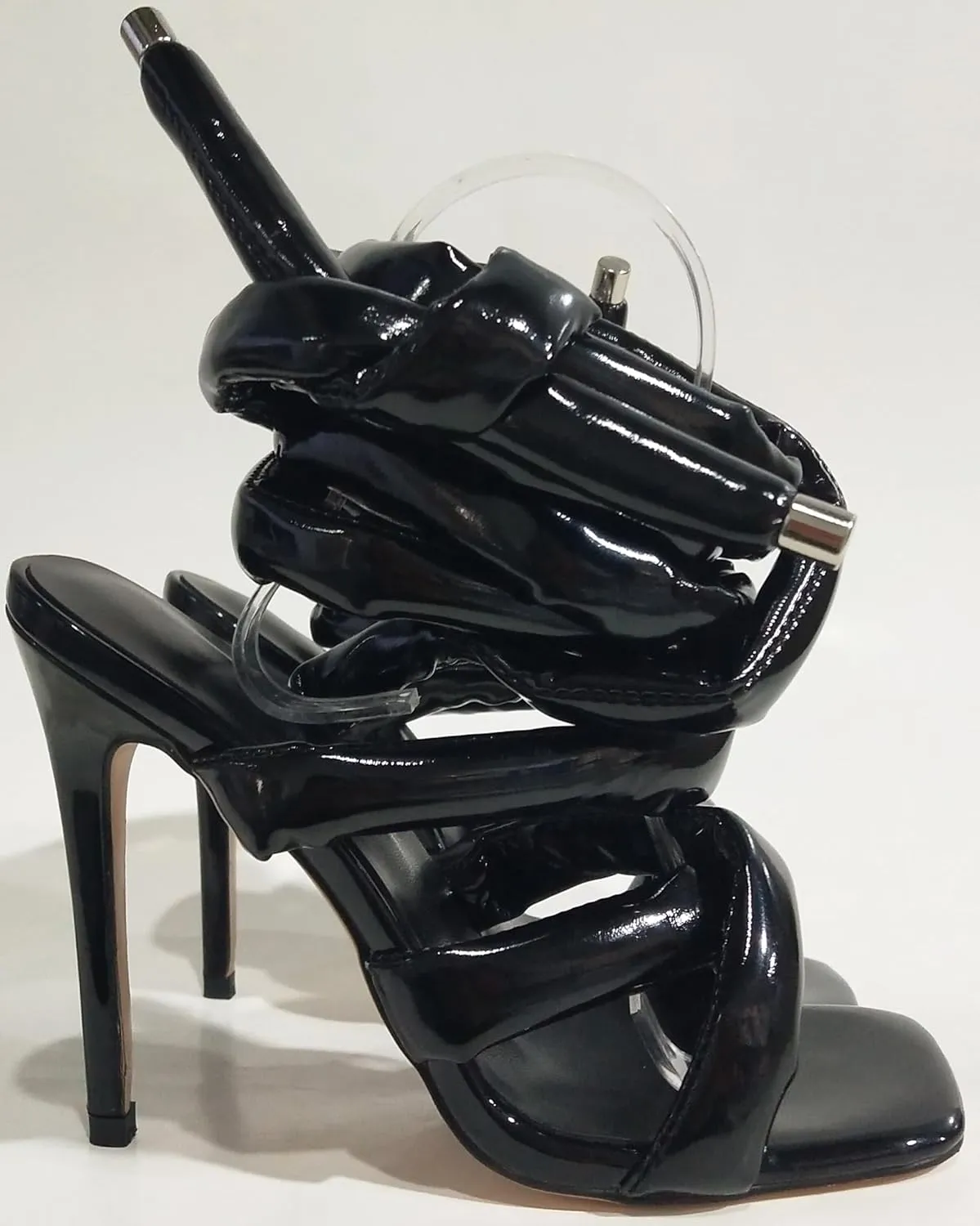 Women's Square Toe Stiletto Sandals with Cross Strap Wraparound Ankle Design High Heel Fashion Shoes 4.3-inch