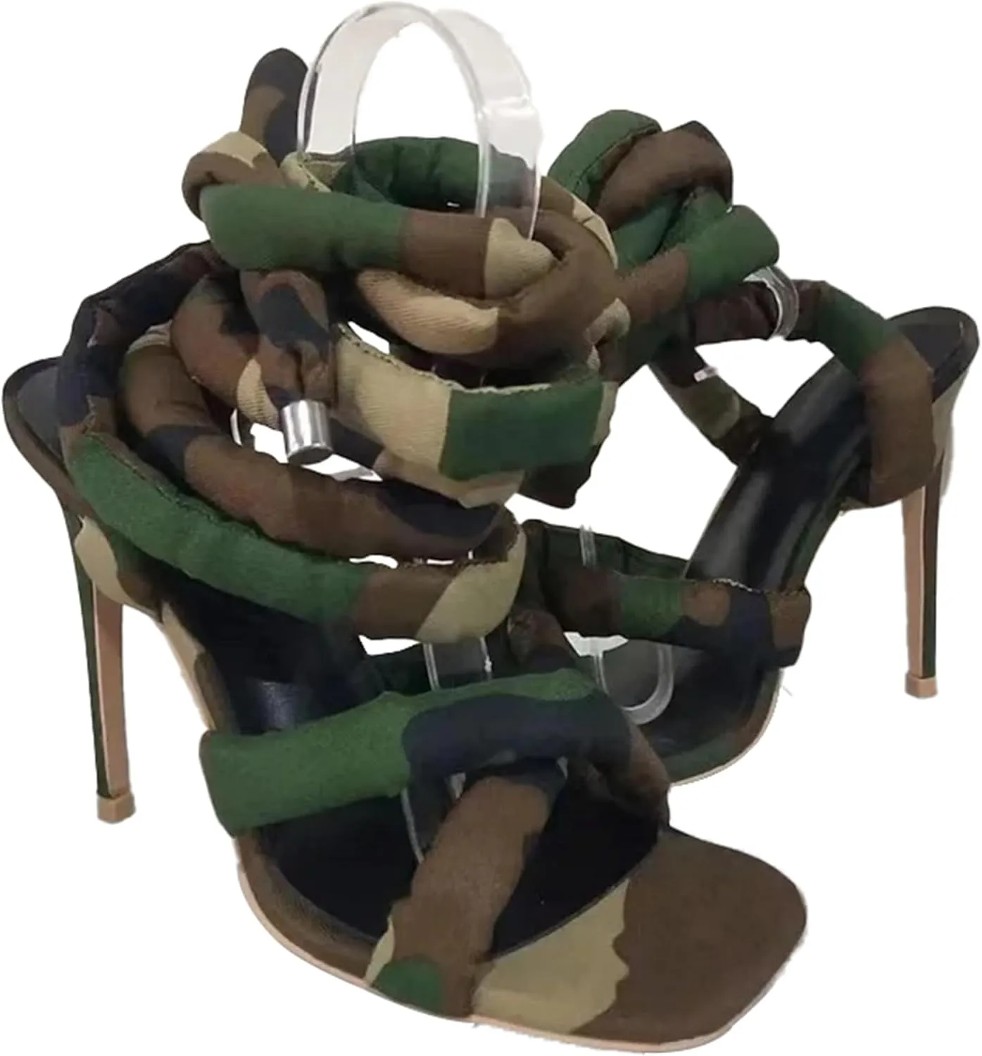 Women's Square Toe Stiletto Sandals with Cross Strap Wraparound Ankle Design High Heel Fashion Shoes 4.3-inch