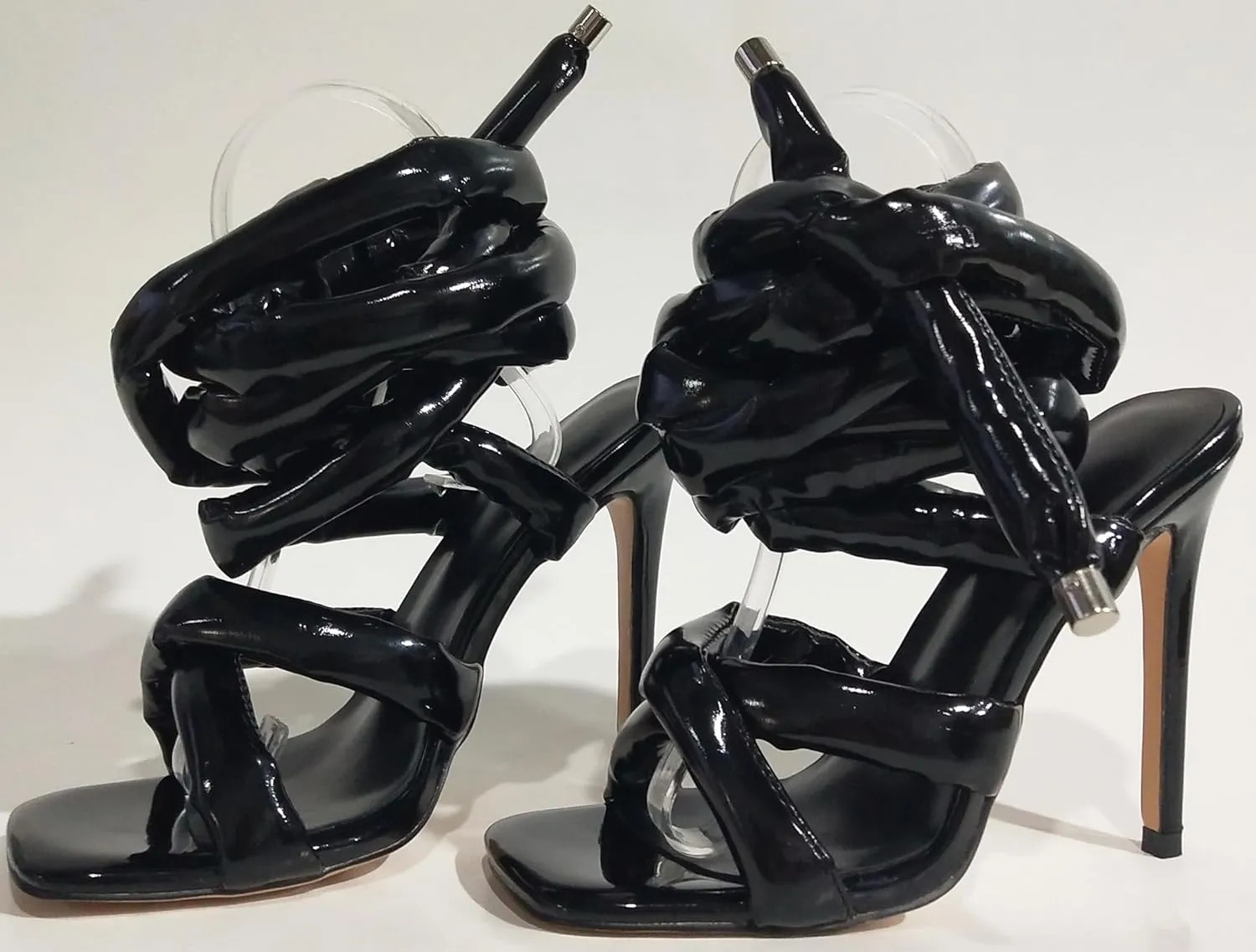Women's Square Toe Stiletto Sandals with Cross Strap Wraparound Ankle Design High Heel Fashion Shoes 4.3-inch
