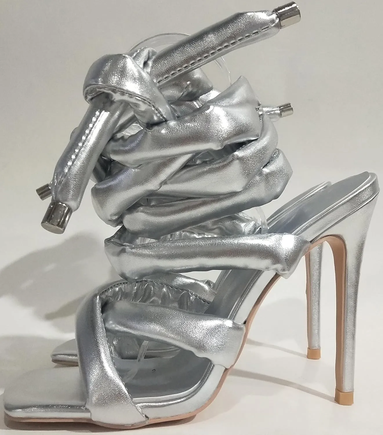 Women's Square Toe Stiletto Sandals with Cross Strap Wraparound Ankle Design High Heel Fashion Shoes 4.3-inch