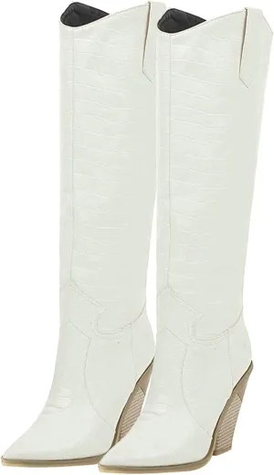 Womens Stacked Chunky Heels Cowgirl Boots Knee High Pointed Toe Cowboy Boots