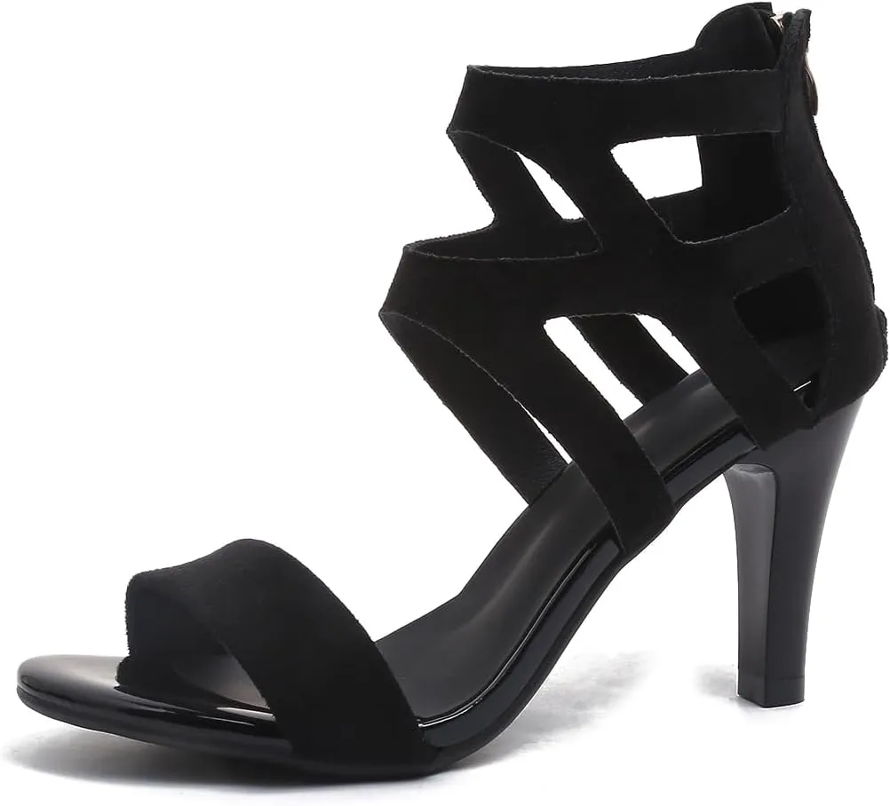 Women's Strappy High Heel Sandals, Black Suede, Gladiator Style, Ankle Zip Closure