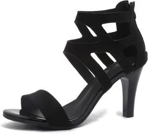 Women's Strappy High Heel Sandals, Black Suede, Gladiator Style, Ankle Zip Closure