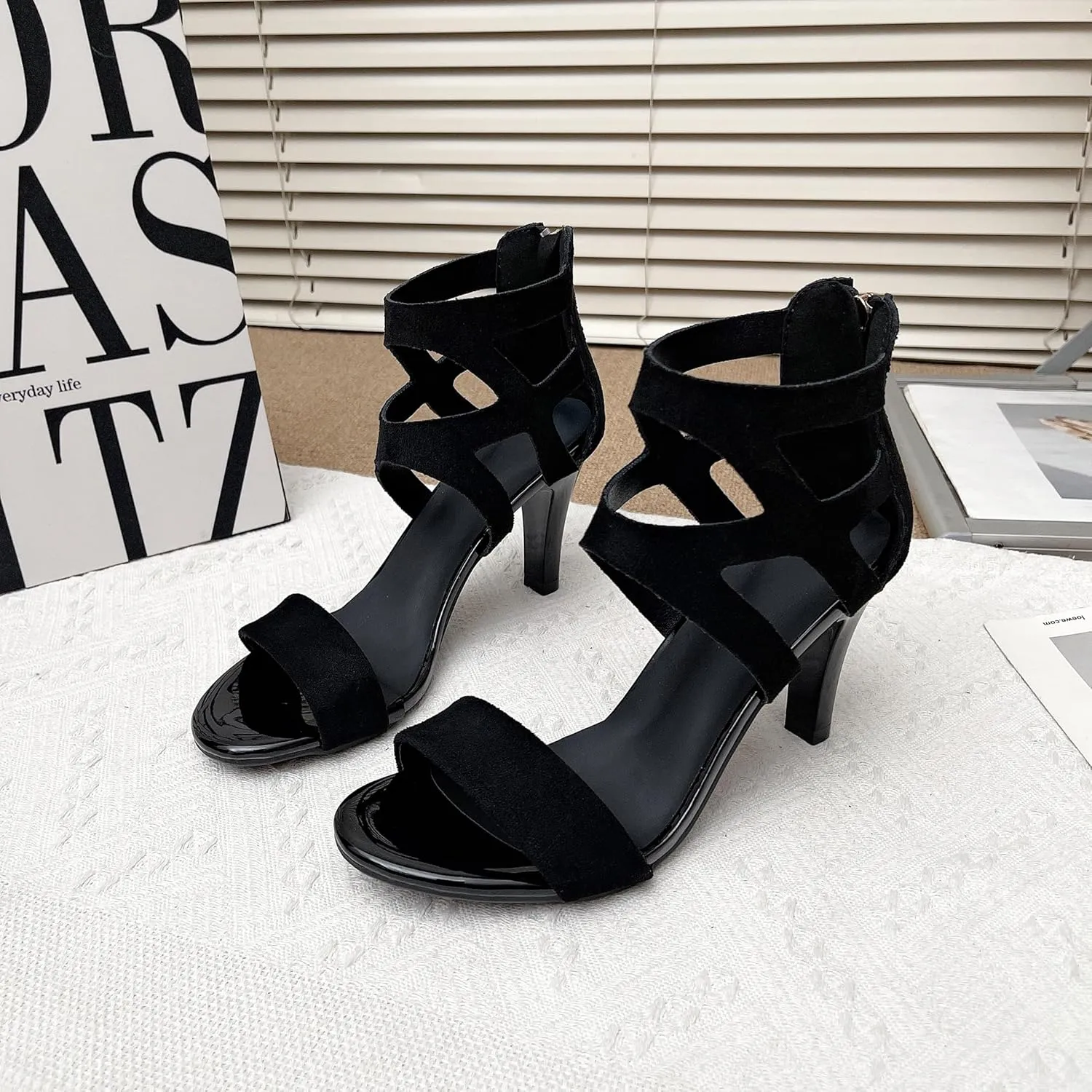 Women's Strappy High Heel Sandals, Black Suede, Gladiator Style, Ankle Zip Closure