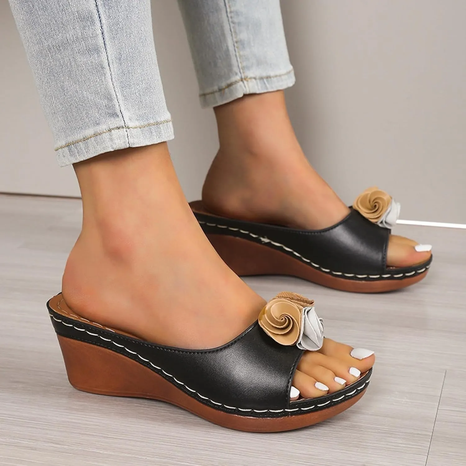 Womens Summer Beach Sandals Wedge Low Open Toe Slides Ladies Dressy Slipper Platform Flower Arch Support Solid Color Orthotic Leather Slip on Walking Casual Sandal Bohemian Fashion Slippers