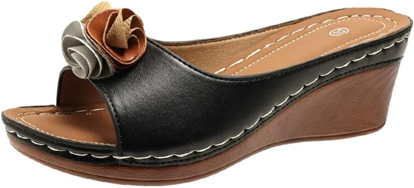 Womens Summer Beach Sandals Wedge Low Open Toe Slides Ladies Dressy Slipper Platform Flower Arch Support Solid Color Orthotic Leather Slip on Walking Casual Sandal Bohemian Fashion Slippers