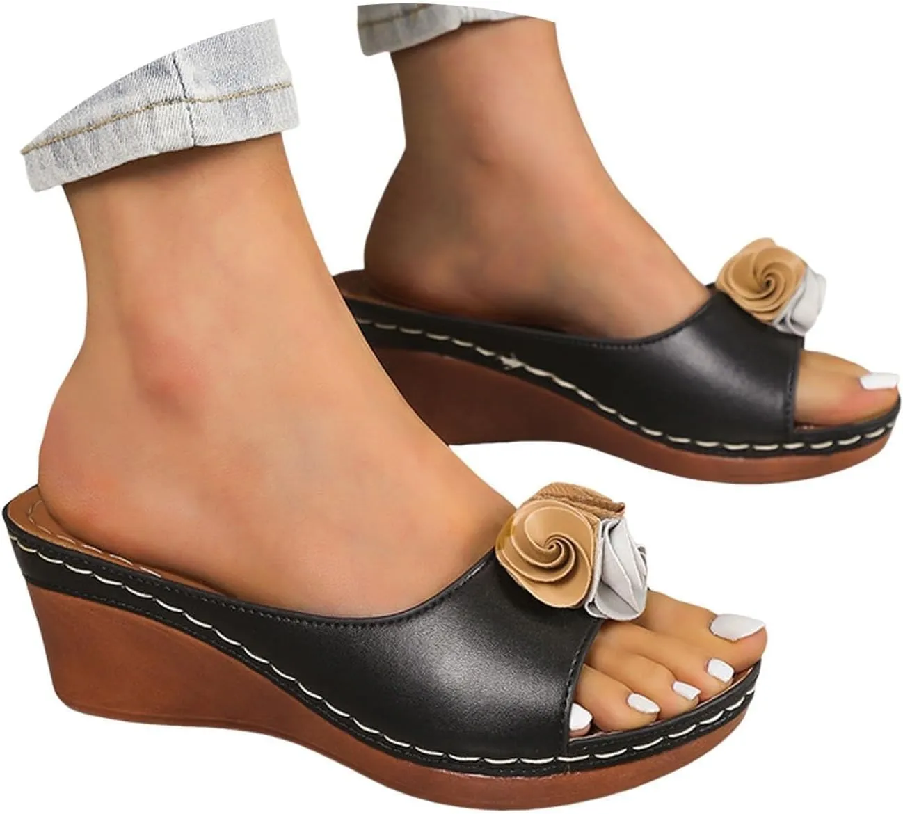 Womens Summer Beach Sandals Wedge Low Open Toe Slides Ladies Dressy Slipper Platform Flower Arch Support Solid Color Orthotic Leather Slip on Walking Casual Sandal Bohemian Fashion Slippers