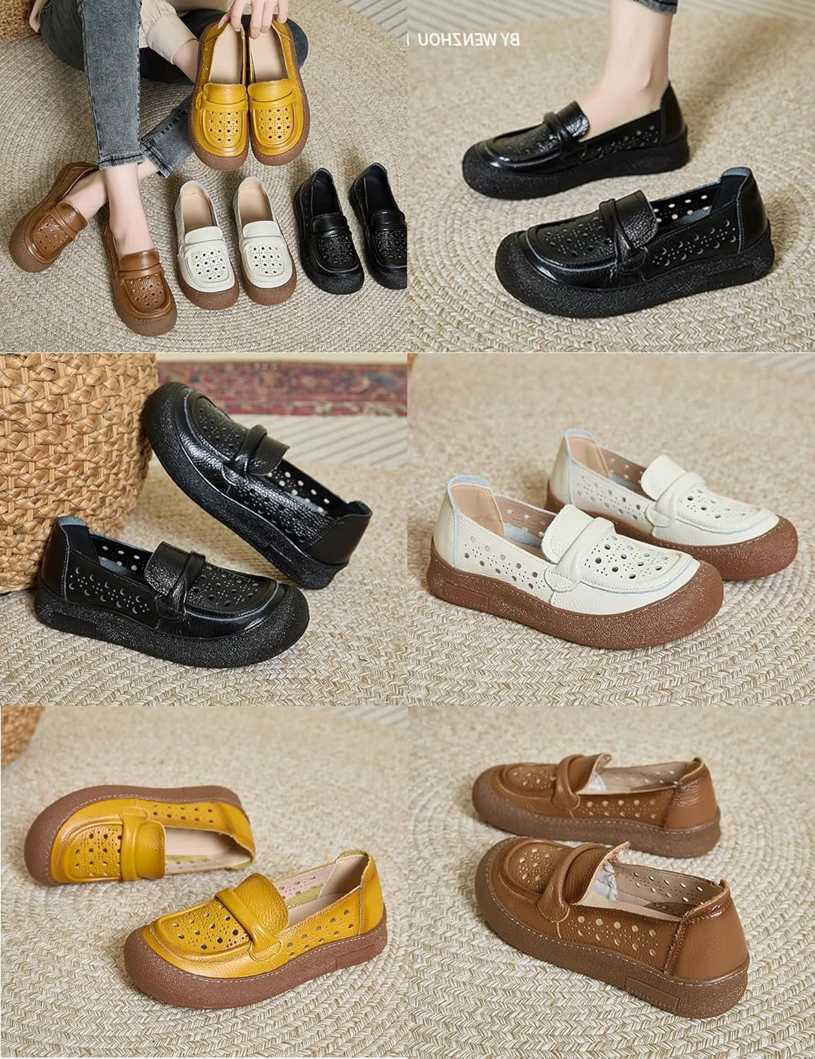 Women's Summer Penny Casual Shoes,Round Toe Vintage Comfortable Cutout Breathable Leather Slip-On Flat Dress Loafers