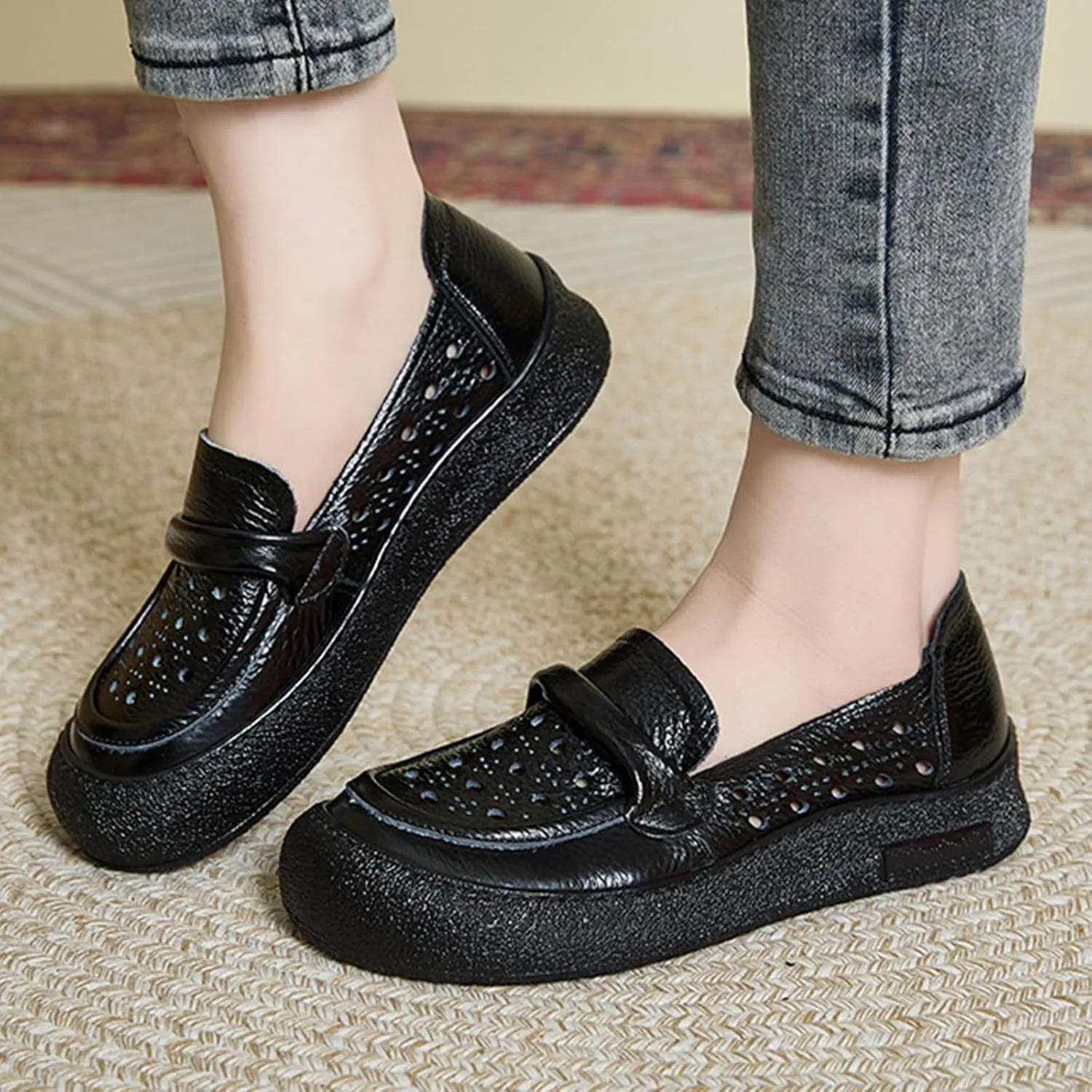 Women's Summer Penny Casual Shoes,Round Toe Vintage Comfortable Cutout Breathable Leather Slip-On Flat Dress Loafers