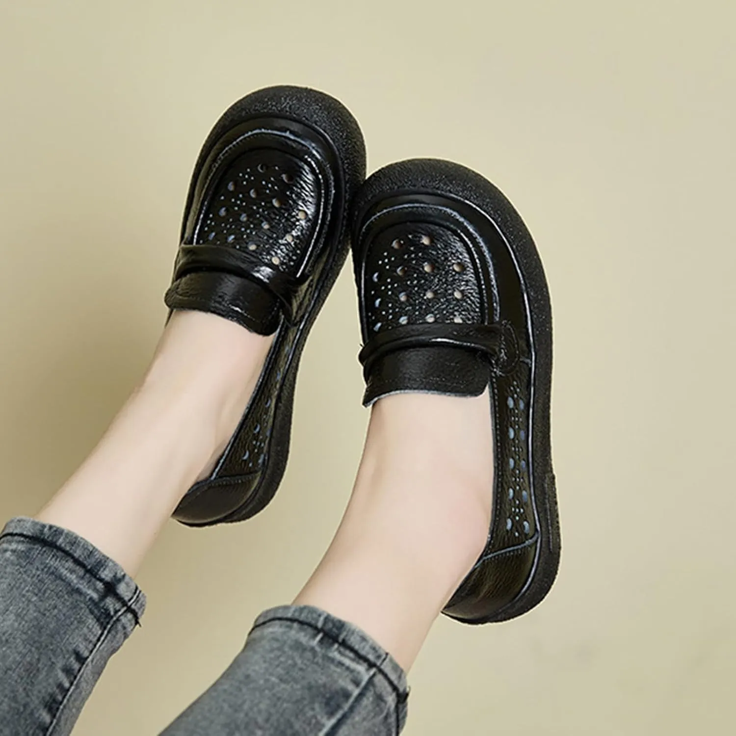 Women's Summer Penny Casual Shoes,Round Toe Vintage Comfortable Cutout Breathable Leather Slip-On Flat Dress Loafers