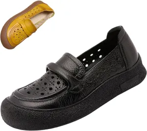 Women's Summer Penny Casual Shoes,Round Toe Vintage Comfortable Cutout Breathable Leather Slip-On Flat Dress Loafers