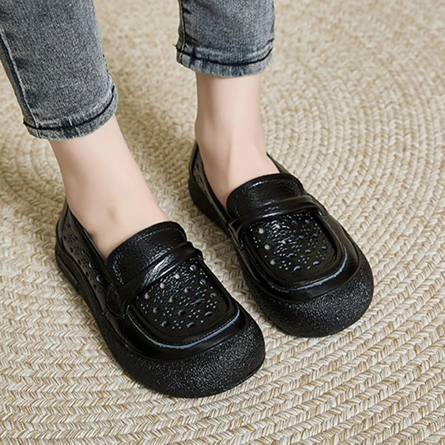 Women's Summer Penny Casual Shoes,Round Toe Vintage Comfortable Cutout Breathable Leather Slip-On Flat Dress Loafers