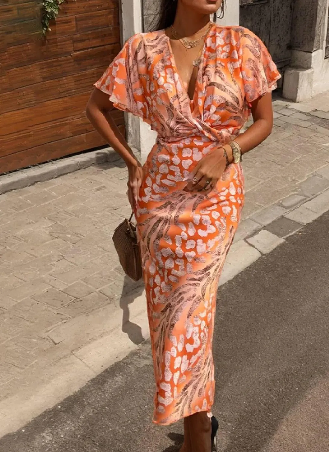 Women's Summer Printed Midi Dress V Neck Lotus Short Sleeves Twist Front Slim Fit Dress Boho Beach Wedding Guest Dresses