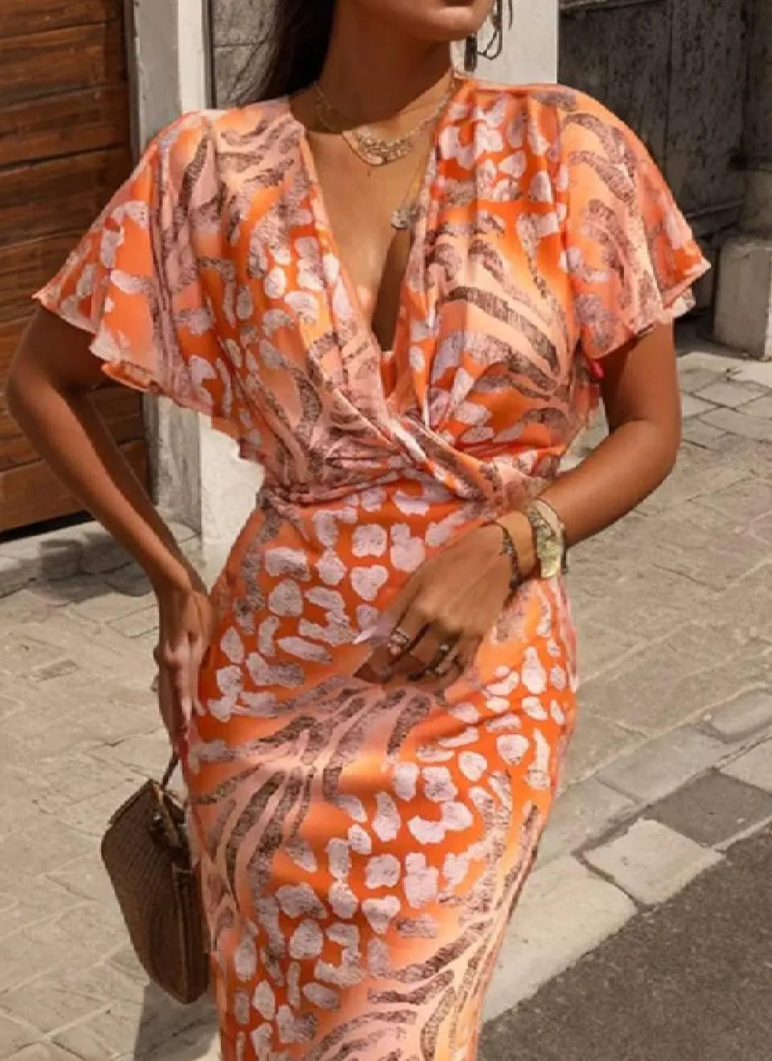 Women's Summer Printed Midi Dress V Neck Lotus Short Sleeves Twist Front Slim Fit Dress Boho Beach Wedding Guest Dresses