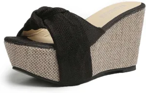 Women's Summer Wedge Platform Sandals Fashion One Word Twisted Lace Strap Open Toe Backless High-Heeled Slippers Comfortable Slip-on Slides Sandals