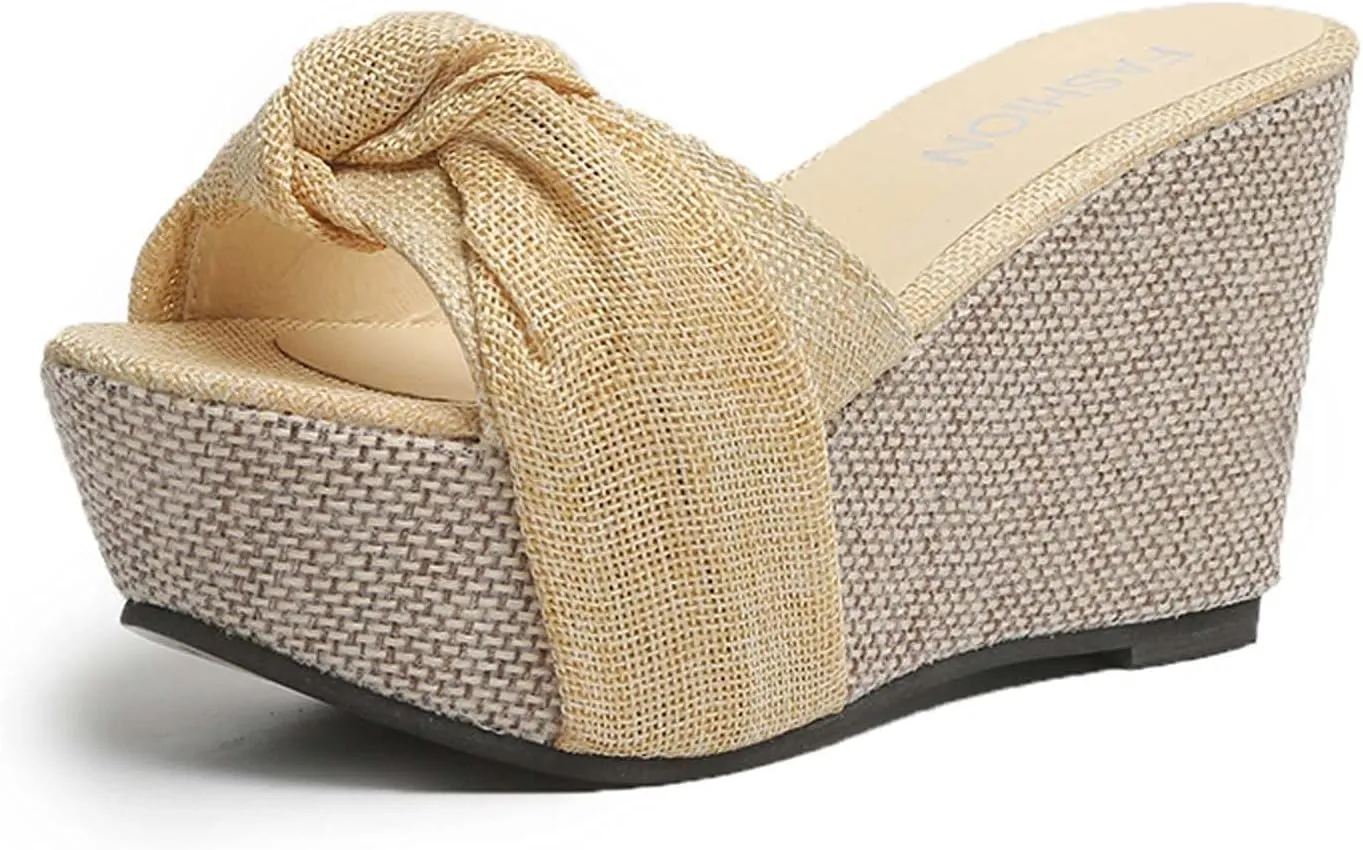 Women's Summer Wedge Platform Sandals Fashion One Word Twisted Lace Strap Open Toe Backless High-Heeled Slippers Comfortable Slip-on Slides Sandals