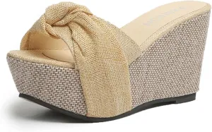Women's Summer Wedge Platform Sandals Fashion One Word Twisted Lace Strap Open Toe Backless High-Heeled Slippers Comfortable Slip-on Slides Sandals