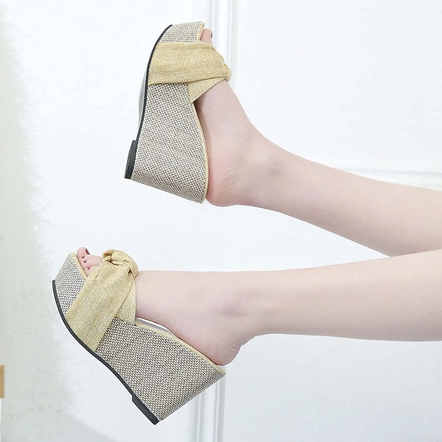 Women's Summer Wedge Platform Sandals Fashion One Word Twisted Lace Strap Open Toe Backless High-Heeled Slippers Comfortable Slip-on Slides Sandals
