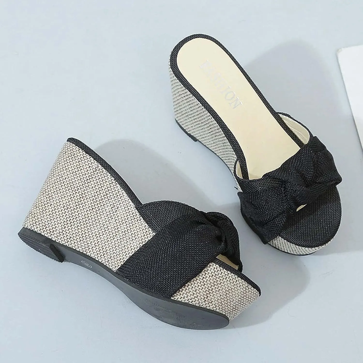Women's Summer Wedge Platform Sandals Fashion One Word Twisted Lace Strap Open Toe Backless High-Heeled Slippers Comfortable Slip-on Slides Sandals
