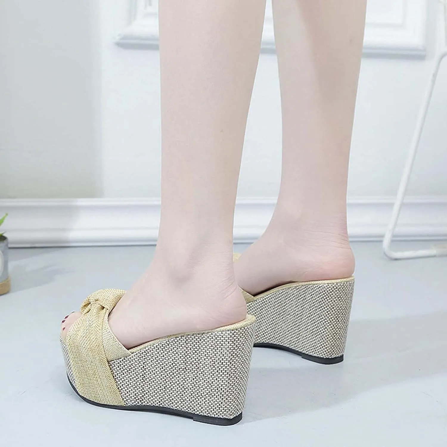 Women's Summer Wedge Platform Sandals Fashion One Word Twisted Lace Strap Open Toe Backless High-Heeled Slippers Comfortable Slip-on Slides Sandals