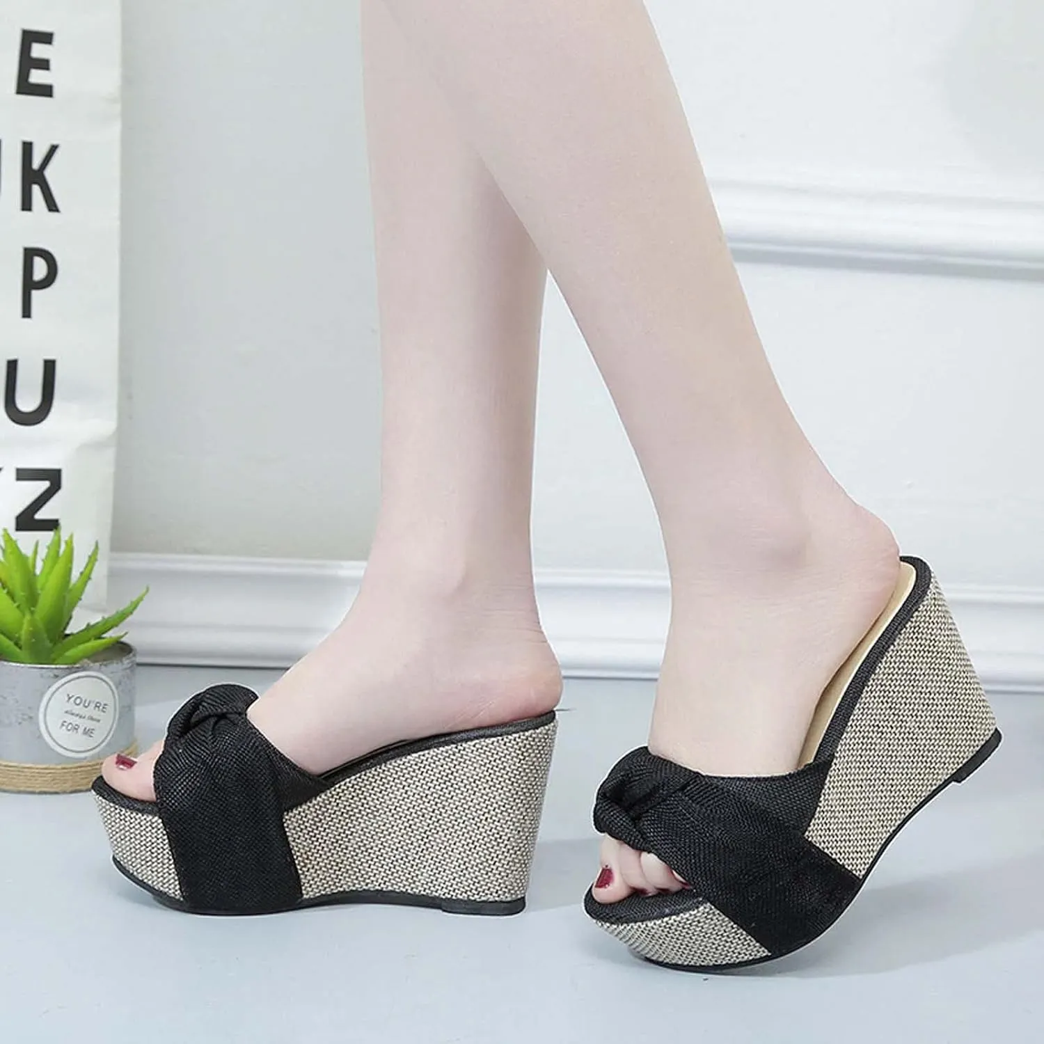 Women's Summer Wedge Platform Sandals Fashion One Word Twisted Lace Strap Open Toe Backless High-Heeled Slippers Comfortable Slip-on Slides Sandals