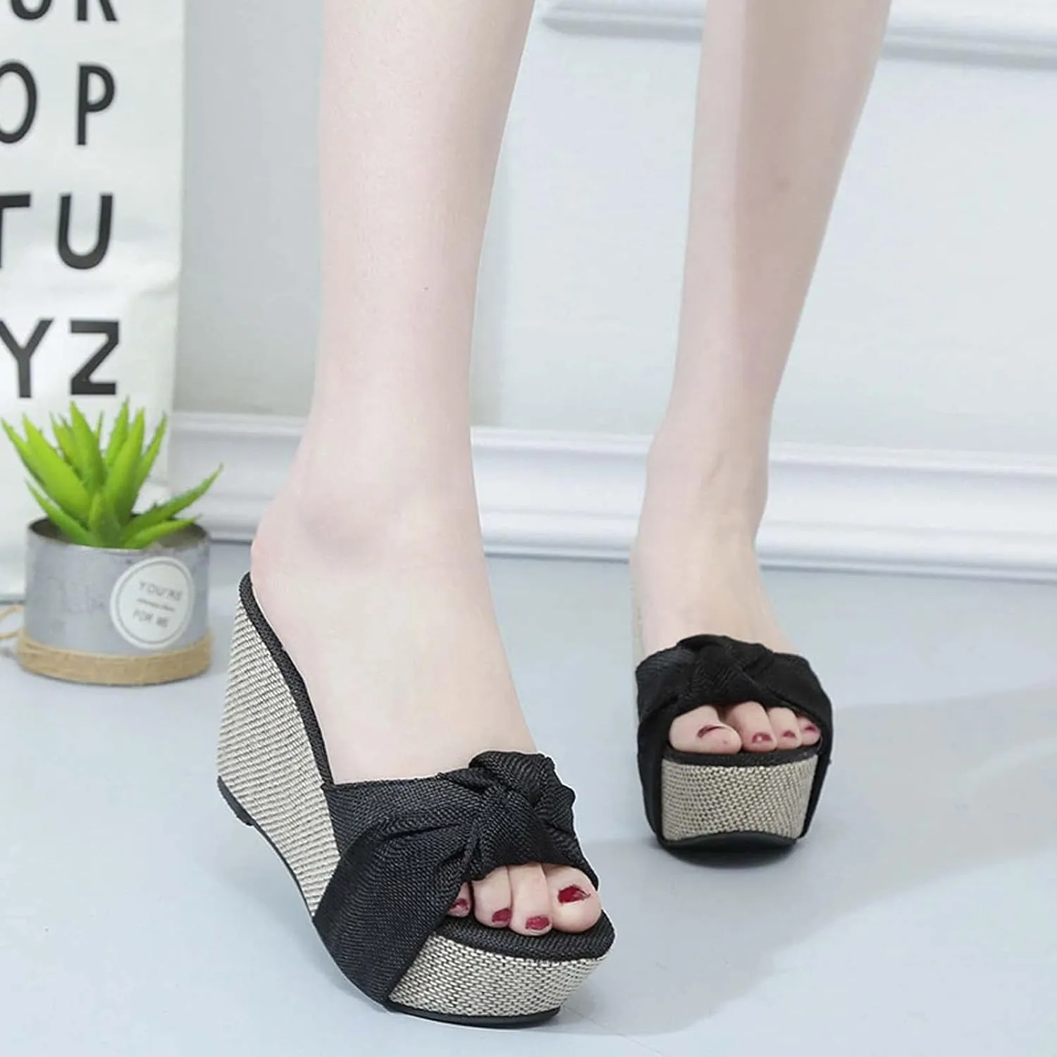 Women's Summer Wedge Platform Sandals Fashion One Word Twisted Lace Strap Open Toe Backless High-Heeled Slippers Comfortable Slip-on Slides Sandals