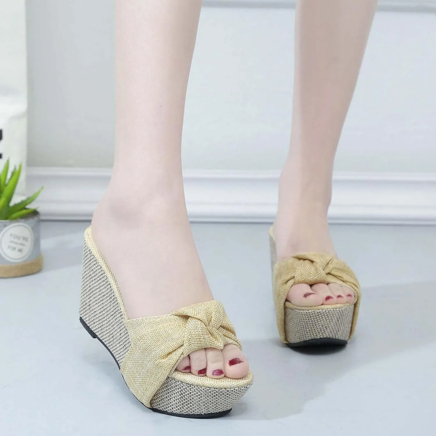 Women's Summer Wedge Platform Sandals Fashion One Word Twisted Lace Strap Open Toe Backless High-Heeled Slippers Comfortable Slip-on Slides Sandals
