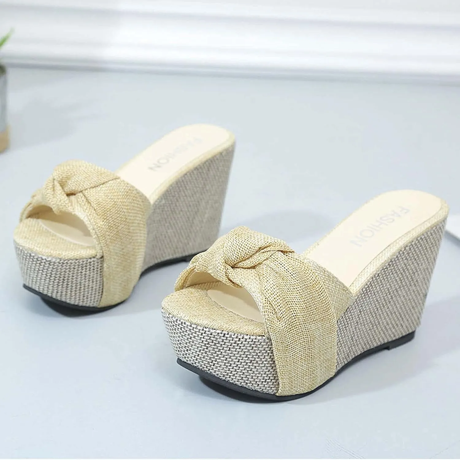 Women's Summer Wedge Platform Sandals Fashion One Word Twisted Lace Strap Open Toe Backless High-Heeled Slippers Comfortable Slip-on Slides Sandals