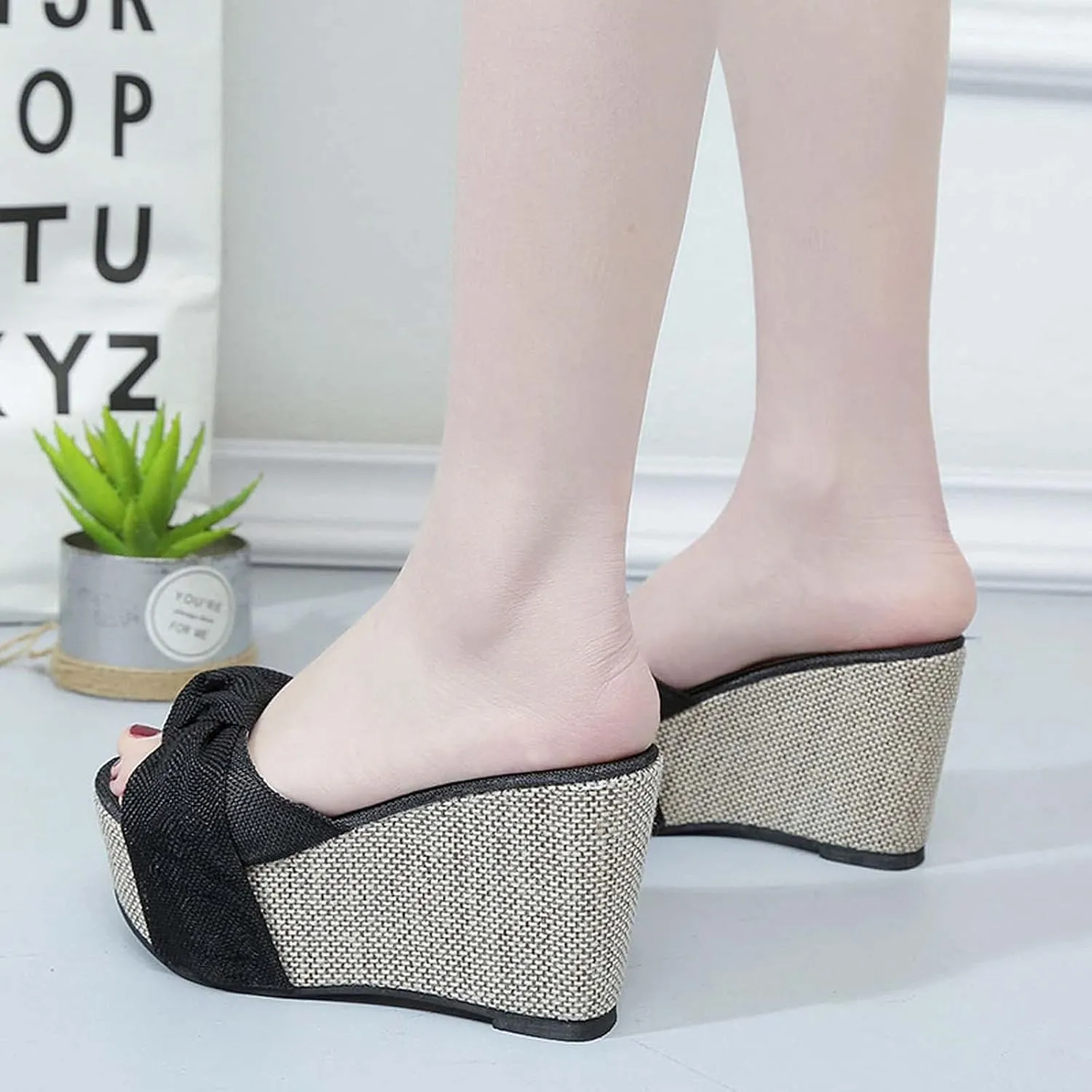Women's Summer Wedge Platform Sandals Fashion One Word Twisted Lace Strap Open Toe Backless High-Heeled Slippers Comfortable Slip-on Slides Sandals