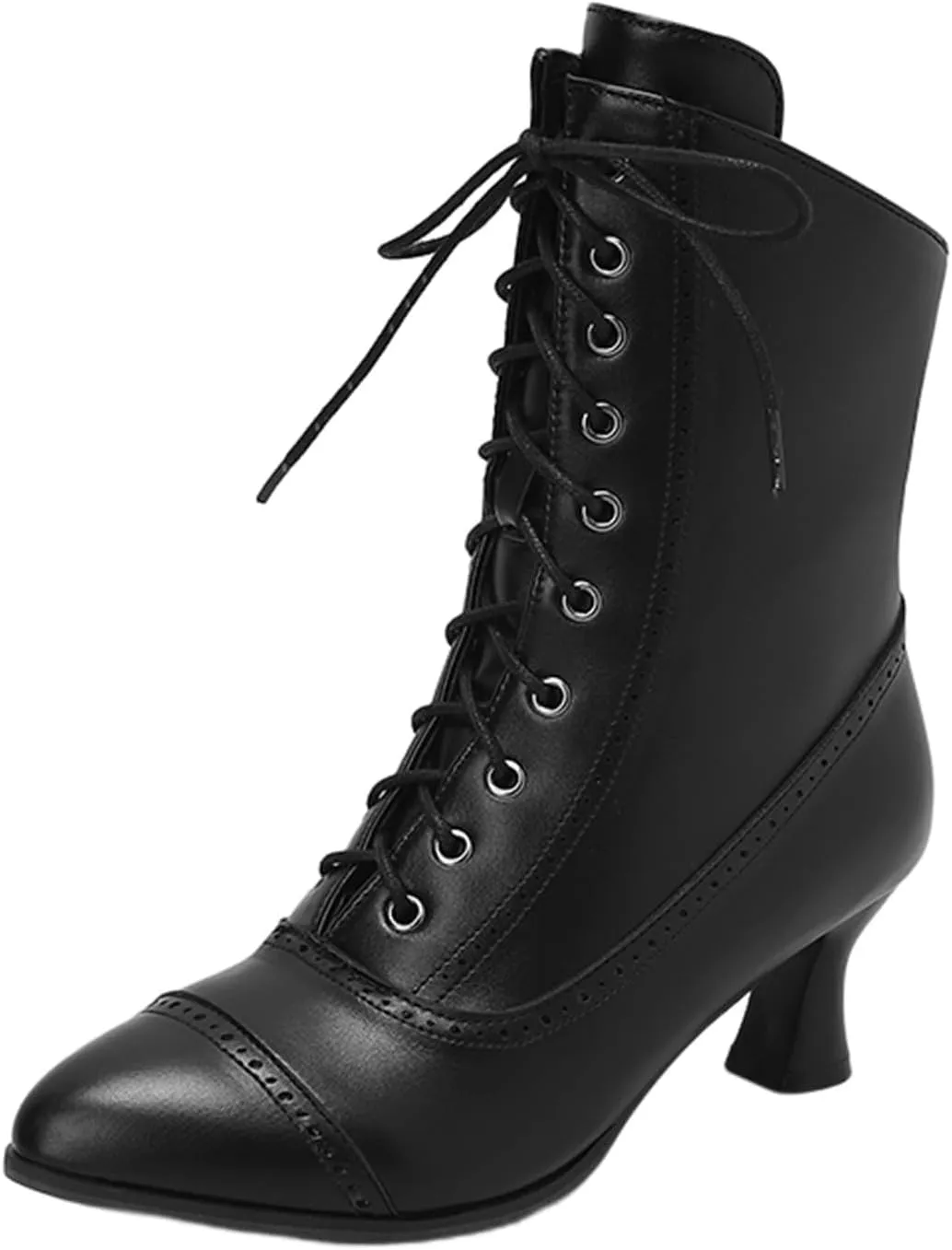 Women's Vintage Victorian Mid Calf Ankle Boots, Pointed Toe, Chunky Low Heel, Lace Up, Outdoor Knight Boots, Black