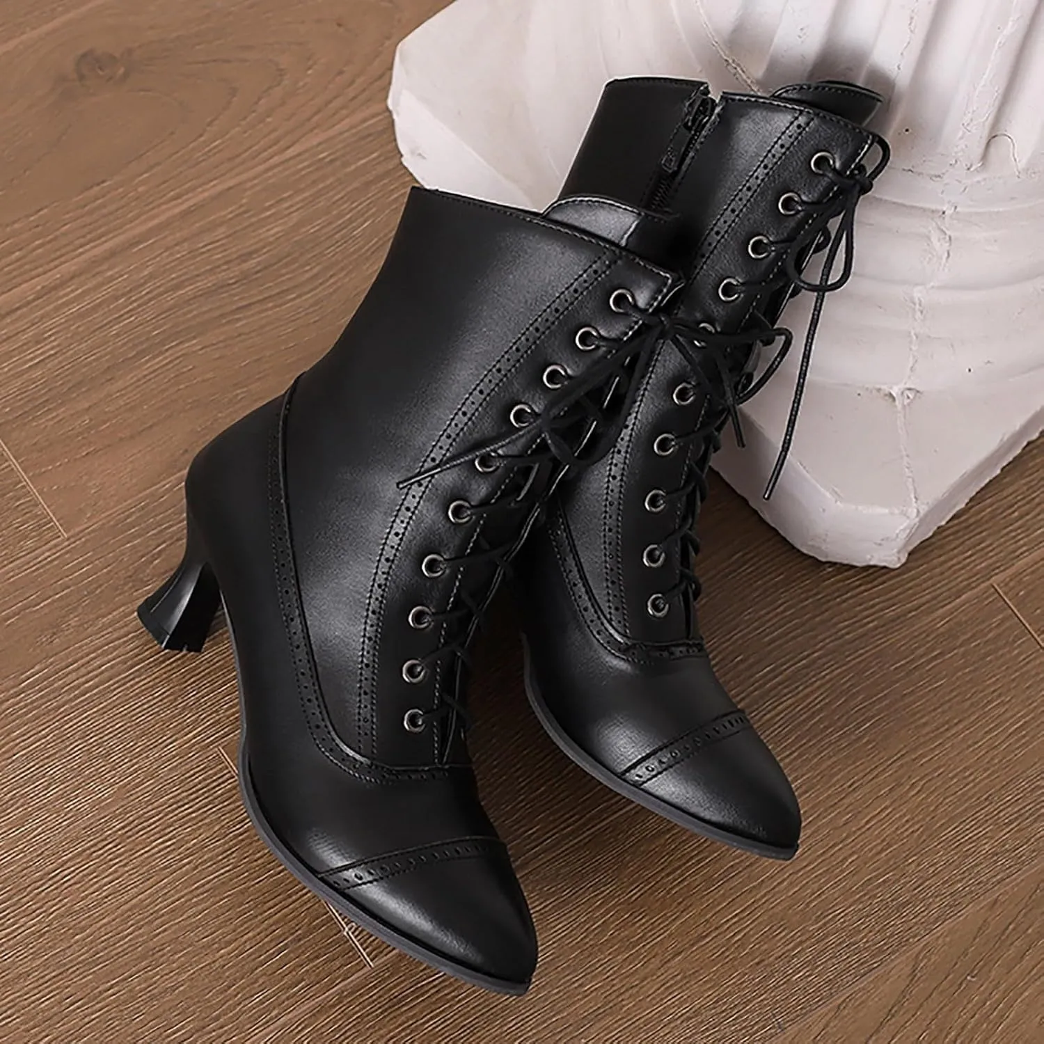 Women's Vintage Victorian Mid Calf Ankle Boots, Pointed Toe, Chunky Low Heel, Lace Up, Outdoor Knight Boots, Black