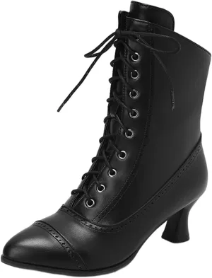 Women's Vintage Victorian Mid Calf Ankle Boots, Pointed Toe, Chunky Low Heel, Lace Up, Outdoor Knight Boots, Black