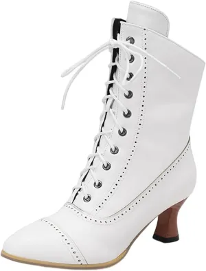 Women's Vintage Victorian Mid Calf Ankle Boots, Pointed Toe, Chunky Low Heel, Lace Up, Outdoor Knight Boots, Black