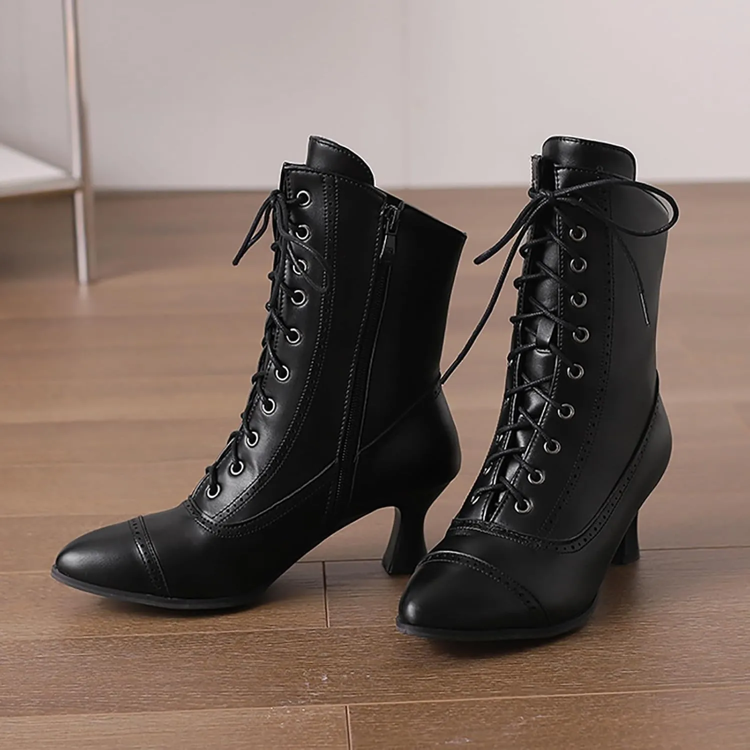Women's Vintage Victorian Mid Calf Ankle Boots, Pointed Toe, Chunky Low Heel, Lace Up, Outdoor Knight Boots, Black