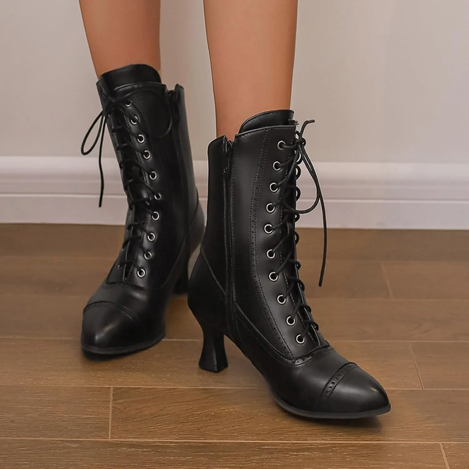 Women's Vintage Victorian Mid Calf Ankle Boots, Pointed Toe, Chunky Low Heel, Lace Up, Outdoor Knight Boots, Black