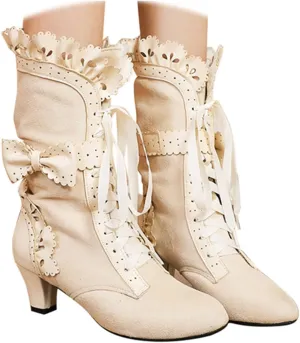 Womenyiaor Victorian Boots for Women Halloween Boots Lace Up Renaissance Boots 70s Vintage Boots Costume Witch Shoes Low Heel Goth Boots Mid Calf Boots