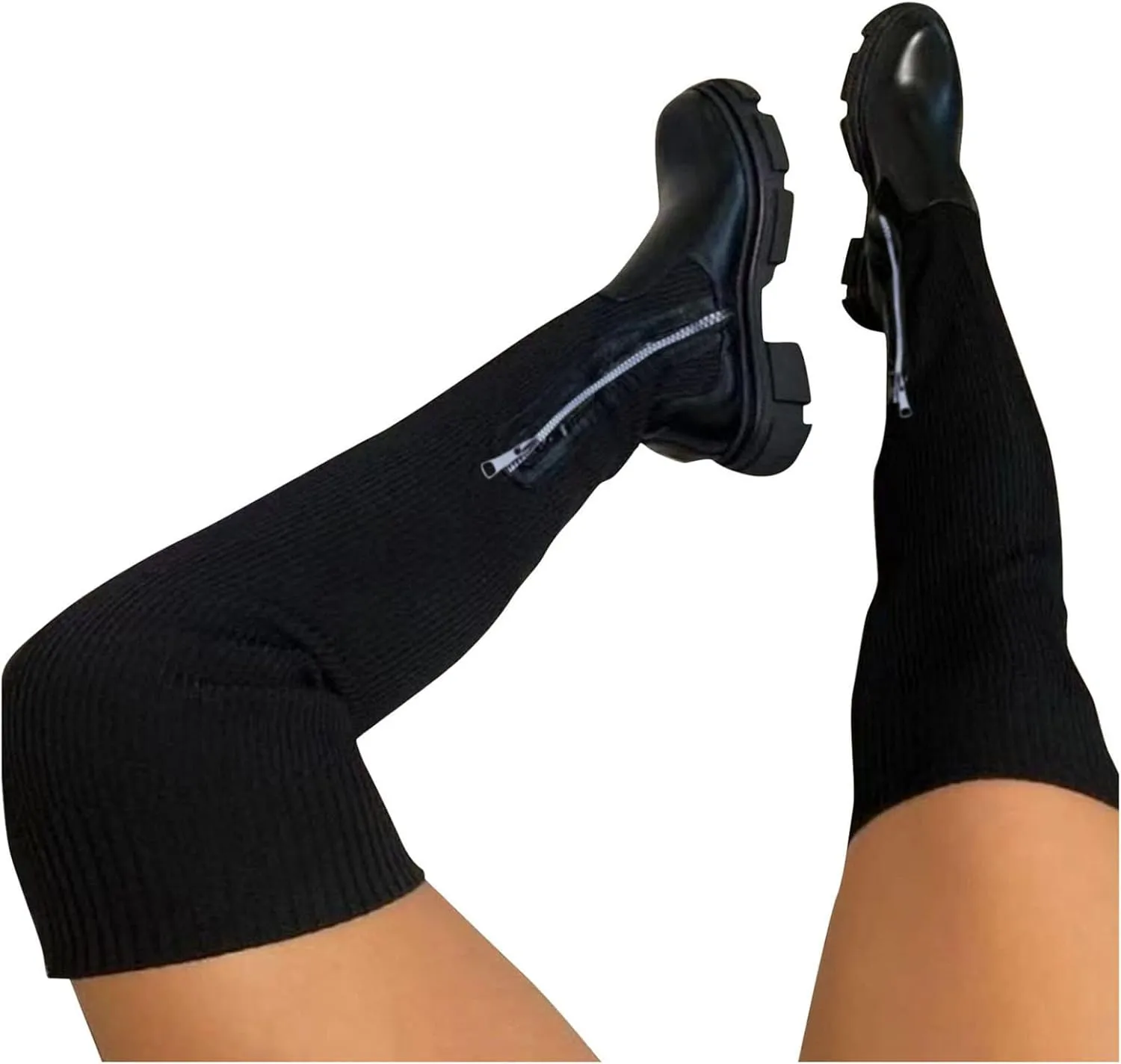 Womenyiaor Women's Thigh High Boots, Platform Over The Knee Boots Chunky Heel Long Stretch Knee High Boots Comfortable Round Toe Fashion Suede Winter Boots